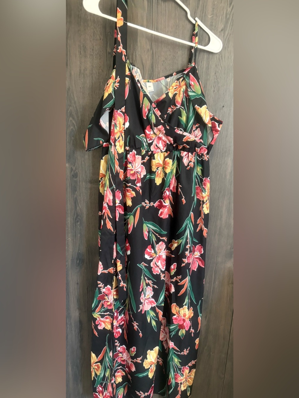 Black Floral One-Shoulder Casual Dress with Pink & Yellow Blooms